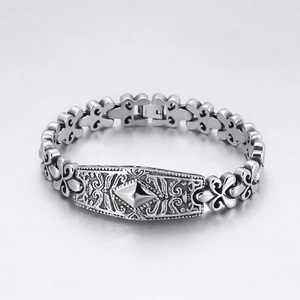 Herren Retro Edelstahl Armband Geschnitzte Lilie Raute Mittelstück Gothic Punk Biker Schmuck