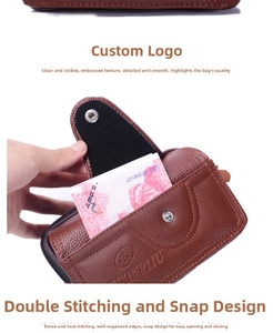 Macro detail of dark brown litchi pattern leather waist bag with zipper and double stitching