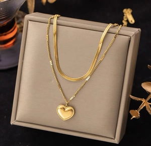 Collier Double Épaisseur En Acier Inoxydable Avec Pendentif Cœur Gravé Love You Chaîne Serpent Pour Femme Bijou Minimaliste