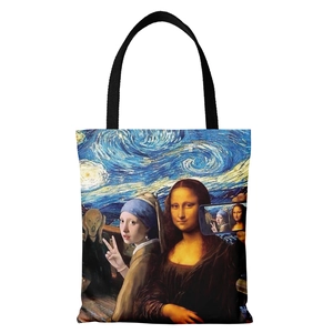 Funny Mona Lisa and Starry Night print canvas tote bag with black handles on white background