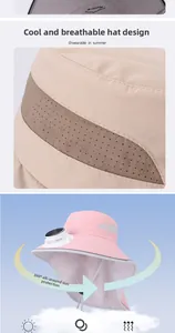 Detail showing solar-powered fan on top of the wide-brim breathable children sun hat