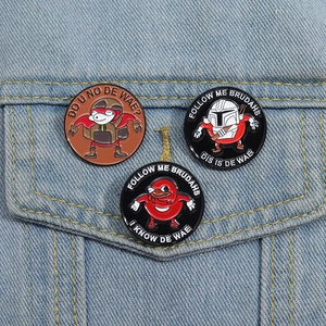 Detailed macro view of three round enamel meme badges on blue denim fabric background