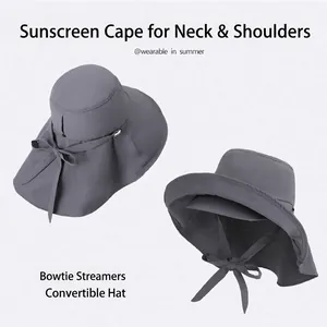 Dark grey quick-dry sun hat with wide brim, neck protection flap, and bow ribbon detail
