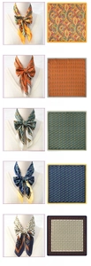Detail view of five luxury silk scarves with chain and paisley patterns for styling