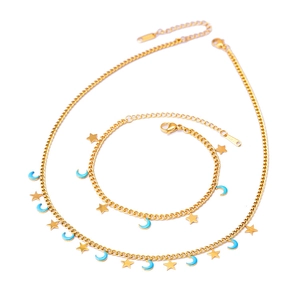 Golden stainless steel jewelry set featuring blue enamel star and moon pendants