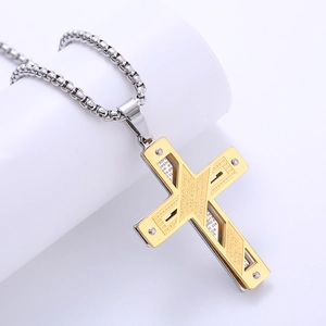 Religious stainless steel cross necklace with engraved Spanish Lord's Prayer text