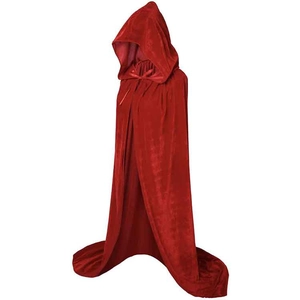 Macro detail of dark red velvet hooded cloak fabric texture and lace-up closure detail