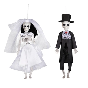 Halloween hanging skeleton bride and groom decor with wedding veil and black suit