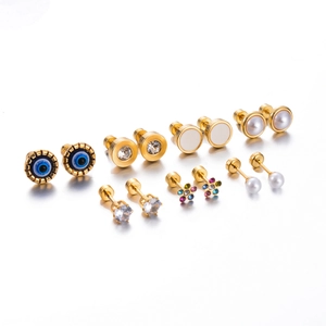 Stainless Steel Stud Earrings 18K Gold Plated Zircon Faux Artificial Pearl Evil Eye Flower Screw Back Tiny Minimalist For Women