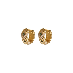 Vintage style gold twist hoop earrings with green gemstones and zircon accents