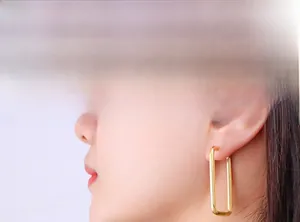 Model wearing large golden rectangular geometric earrings in minimalist titanium steel