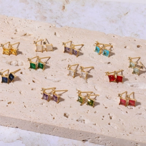 Set of 12 birthstone square stud earrings with gold plating and colorful gemstones