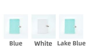 Detailed view of plush A5 notebooks with metal buckles in blue, white and turquoise