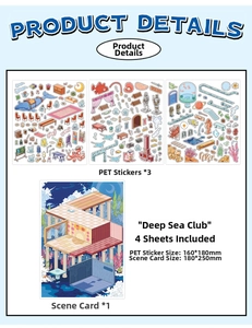 Spécifications du lot de stickers PET thème océan avec 3 feuilles et carte de scène