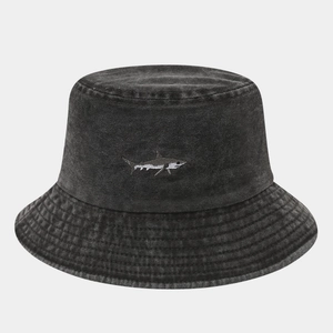 Close-up of shark embroidery on dark gray washed denim bucket hat with premium stitching