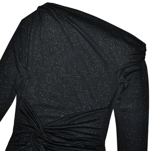 Detail of black one-shoulder sequin dress with elegant waist knot and pleated design