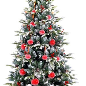 Close-up of red frosted Christmas balls, berries and pine cones on a snowy tree