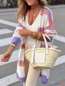 Cardigan In Maglia A Righe Da Donna Manica Lunga Aperto Casual Streetwear Maglione