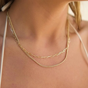 Détail du collier double rang plaqué or 18K avec maillons trombone et chaîne gourmette