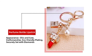 Detail of rhinestone lipstick and perfume bottle keychain with a faux pearl accent