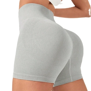 Nahtlose Damen Yoga-Shorts in Hellgrau mit hohem Bund und bauchweg Rippenstruktur