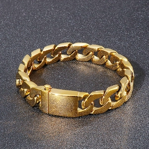 Mens gold stainless steel Cuban link bracelet with high-polish finish and durable fold-over clasp