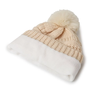 Bonnet en tricot beige avec pompon et doublure polaire épaisse pour l'hiver