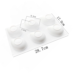 Detailed dimension guide for a 6-cavity white silicone baking mold with 28.7cm length