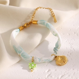18K gold plated ribbon bracelet with seashell and flower pendants for seaside vacation