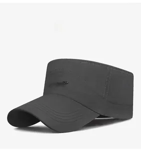 Side view of dark grey flat top cadet cap with sports embroidery and reinforced brim