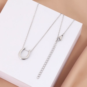 Macro shot of silver horseshoe pendant necklace on white gift box with delicate chain detail