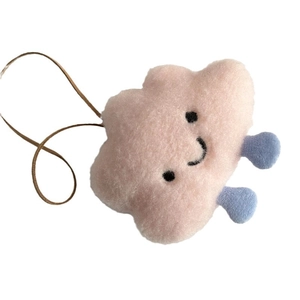 Cute pink plush cloud bag charm with smiling face and light blue feet for girls