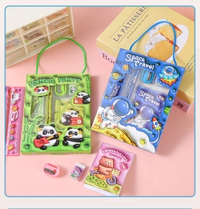 Detail of portable kids stationery set with rulers and notebooks in panda and space themes