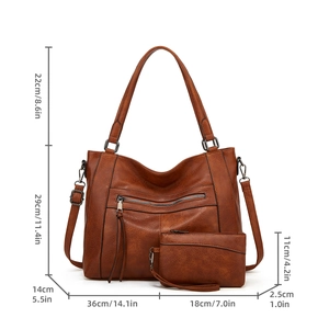 Brown lychee texture leather tote bag set with matching pouch and size measurements