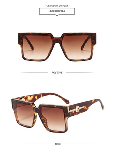 Front and side views of square leopard print sunglasses with tea-colored lenses
