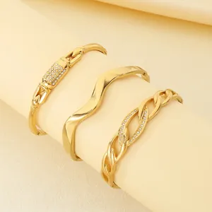 Bracelet Jonc En Acier Inoxydable Plaqué Or 8K Pour Femme Strass Géométrique Creux Vague Lien Bijoux Minimalistes