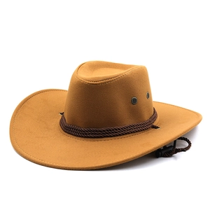 Close-up of brown faux suede cowboy hat with woven band, eyelets, and adjustable chin cord