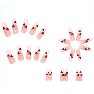 Long ballet press-on nails with pink gradient French tips and sparkly red glitter hearts