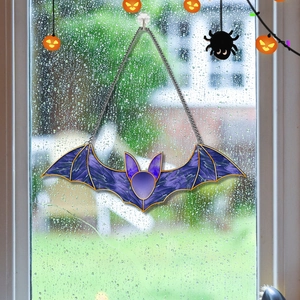 Halloween purple bat acrylic hanger with gold trim and chain for window decoration