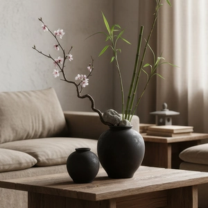 Ensemble de vases minimalistes en céramique noire mate avec décor zen de fleurs de prunier
