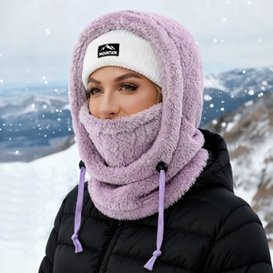 Lilac plush balaclava hood for winter warmth with mountain patch and adjustable drawstring