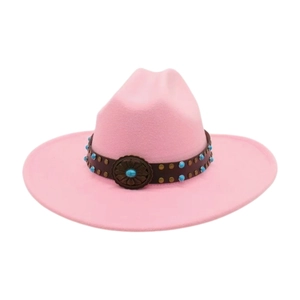 Pink felt fedora hat featuring a brown leather band with turquoise beads and floral buckle