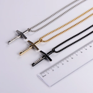 Iced out cross pendant necklaces in silver gold and black with bead chain and ruler