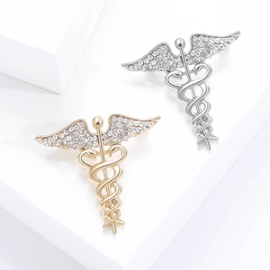 Vintage Alloy Caduceus Angel Wings Snake Brooch For Women Gold Silver Plated Rhinestone Medical Symbol Lapel Pin Jewelry Gift