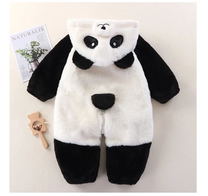 Detailed view of plush panda baby onesie with cute ears and soft furry texture