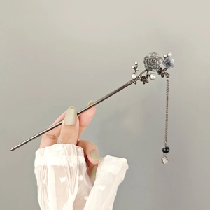 Elegant antique silver hair pin with grey resin rose, pearls and delicate metal tassels