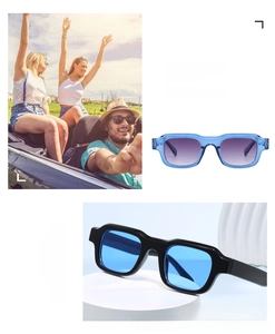 Detail of square vintage sunglasses showing blue gradient lenses and thick fashion frames