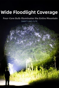 Macro detail of powerful four-core LED flashlight illuminating night scene with wide beam