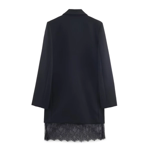 Elegant black lace hem blazer dress for women with a stylish vacation-ready back view