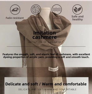 Detail of coffee brown imitation cashmere scarf with soft fringes and woven brand label